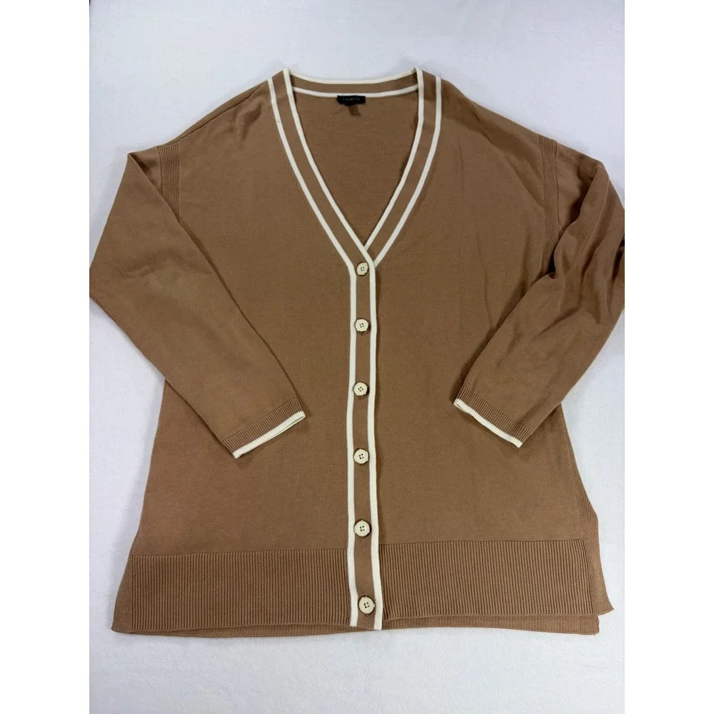 Talbots Womens Brown V-Neck Button Front Cardigan Sweater White Trim Size M